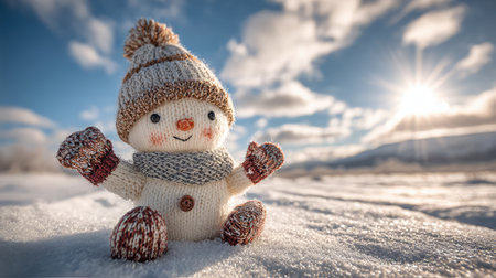 A charming knitted snowman smiles warmly in a snowy field, adorned with a cozy hat and mittens. This delightful scene captures the magic of winter and the joy it brings.の素材