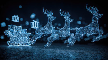 A magical digital representation of a Christmas sleigh with glowing reindeer pulling presents in a starry night sky, perfect for holiday-themed projects and festive promotions.の素材