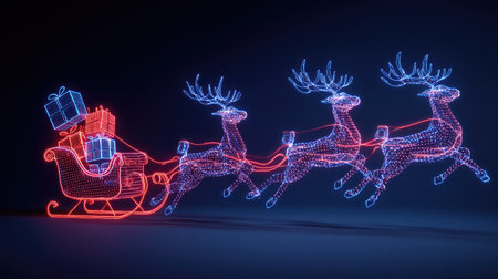 A vibrant holiday scene featuring a sleigh pulled by glowing reindeer, adorned with colorful gift boxes, capturing the essence of Christmas merriment and festive spirit.の素材