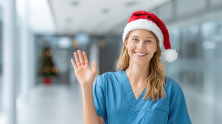 A cheerful nurse wearing a Santa hat waves in a hospital corridor, embodying the holiday spirit while maintaining professionalism in a healthcare environment.の素材