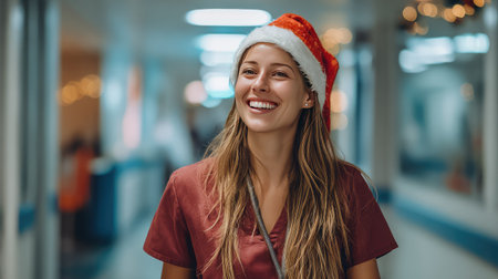 A cheerful female healthcare worker wearing a Santa hat radiates joy in a hospital corridor, embodying the spirit of the holiday season and fostering a sense of warmth and community.の素材