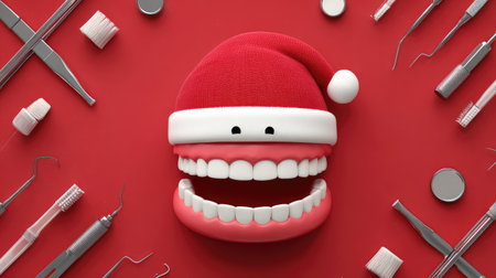 This playful image features a dental model wearing a Santa hat, set against a festive red background, surrounded by dental tools. It highlights dental health with a humorous twist.の素材