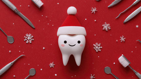 A charming winter-themed dental character, featuring a tooth with a Santa hat, surrounded by dental tools and snowflakes against a bright red background, perfect for festive promotions.の素材