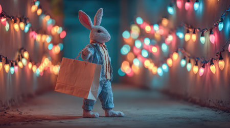 A whimsical scene featuring a cute stuffed bunny holding a shopping bag in a colorful-lit corridor, perfect for holiday themes or charming storytelling visuals.の素材