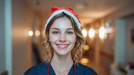 A joyful healthcare professional smiles in a festive Santa hat, bringing holiday cheer to a medical setting with warm lighting and a welcoming atmosphere.の素材