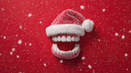 A whimsical image of a smiling set of teeth dressed in a Santa hat, set against a vibrant red background, creating a fun and festive holiday atmosphere with playful snowflakes.の素材