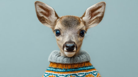 Charming portrait of a young deer in a colorful sweater, showcasing its playful nature against a soft background, evoking warmth and whimsy in wildlife photography.の素材