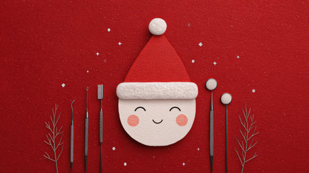 Adorable Santa face with a red hat surrounded by dental tools on a vibrant red background. This whimsical image combines festive cheer with dental health awareness in a playful manner.の素材