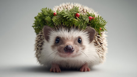 A delightful hedgehog features a beautiful wreath of greenery and red berries, evoking a whimsical holiday spirit, ideal for festive designs and charming visuals.の素材