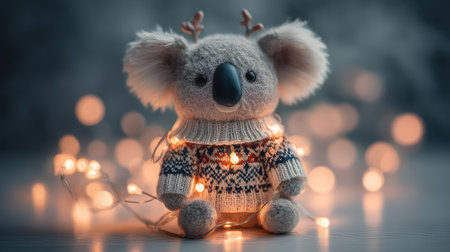 This adorable plush koala, dressed in a cozy sweater and surrounded by warm glowing lights, captures the essence of warmth and joy, perfect for holiday decor and gifts.の素材