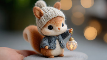 An adorable squirrel character in a cozy knit hat and sweater, holding a lantern, exuding warmth and charm in a softly lit environment with bokeh effects.の素材