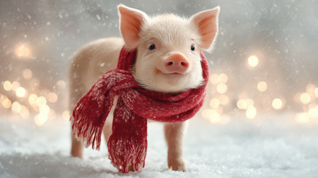 An adorable piglet wearing a bright red scarf smiles joyfully in a snowy scene adorned with sparkling lights, capturing the essence of winter magic and festive cheer.の素材