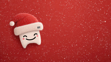 A playful and adorable tooth character wearing a Santa hat against a vibrant red background, ideal for holiday-themed dental campaigns and festive designs that radiate joy and cheer.の素材