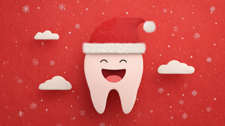 A playful tooth character wearing a Christmas Santa hat evokes joy and festive spirit, making it an ideal graphic for holiday dental health awareness and promotions.の素材