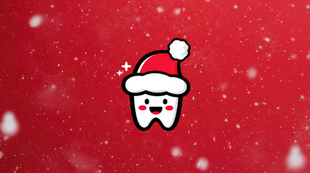 A cheerful cartoon tooth character adorned with a Santa hat against a vibrant red backdrop, evoking joy and festivity for holiday-themed dental promotions and designs.の素材