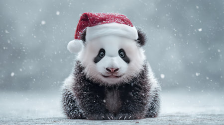 This delightful image features a young panda wearing a festive Santa hat, sitting in a snowy landscape, evoking a cheerful holiday spirit with its adorable charm.の素材