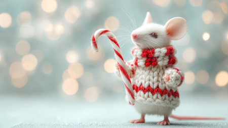An adorable white mouse dressed in a festive Christmas sweater holds a candy cane, radiating cheer against a backdrop of sparkling bokeh lights, perfect for holiday themes.の素材