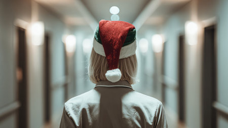 A woman wearing a Santa hat walks through a softly lit hotel corridor, embodying the festive spirit of the holiday season with a serene and inviting ambiance.の素材