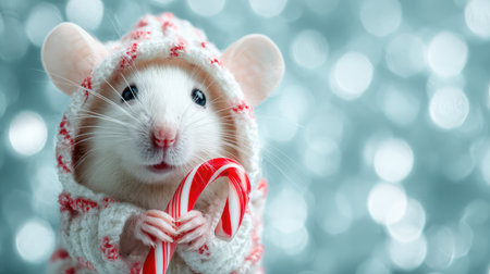 This charming image features a cute mouse dressed in a cozy sweater and holding a candy cane, set against a sparkling holiday background that radiates festive cheer.の素材
