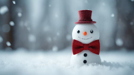 A delightful snowman featuring a bright red bow tie and top hat stands in a serene snowy landscape, creating a magical winter atmosphere for seasonal festivities.の素材