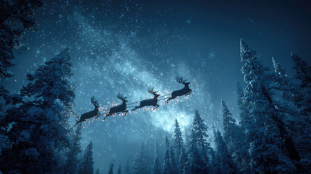 A captivating scene of reindeer soaring through a snowy night sky, surrounded by tall trees, evoking the spirit of Christmas and the magic of winter celebrations.の素材