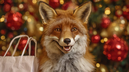 A playful fox character holds a shopping bag in a vibrant Christmas setting, surrounded by colorful decorations and warm lights, evoking holiday cheer and excitement.の素材