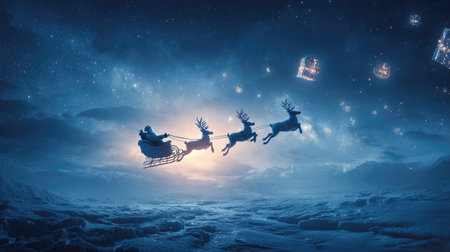 Enjoy a stunning winter scene featuring Santa and his reindeers soaring through a starry night sky, bringing the magic of Christmas alive with bright glowing gifts.の素材