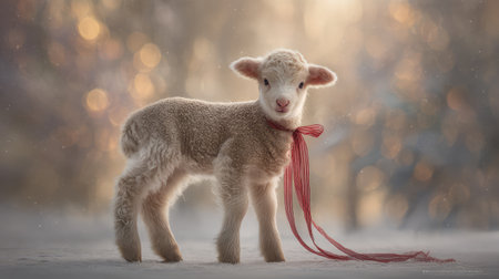Capture the charm of winter with this adorable young lamb wearing a red ribbon, set against a scenic snowy backdrop filled with soft bokeh lights.の素材