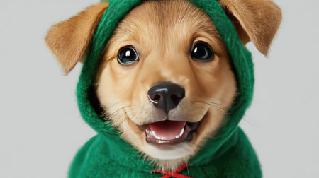 This charming puppy in a green hoodie radiates joy and playfulness, making it ideal for holiday graphics or pet-themed projects. Perfectly captures innocence and cuteness.の素材