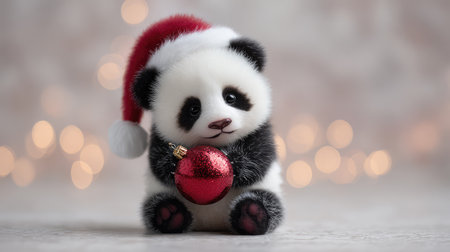 A charming baby panda with a Santa hat holds a bright red ornament, radiating holiday spirit against a soft bokeh backdrop, ideal for festive themes and joyful celebrations.の素材