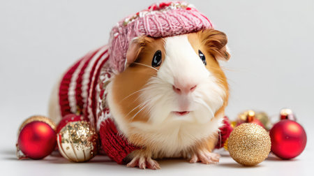 This charming guinea pig in a festive outfit captures the essence of holiday cheer, surrounded by beautiful ornaments, perfect for seasonal pet-themed projects.の素材