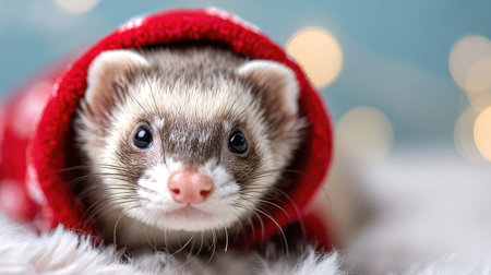 A cute ferret snuggled in a cozy red blanket, showcasing its delightful expression and fluffy fur. Perfect for festive themes and animal lovers.の素材