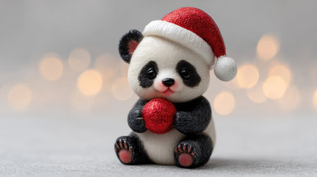 A charming panda figurine wearing a red Christmas hat holds a sparkling ornament, creating a delightful scene perfect for celebrating the festive season.の素材