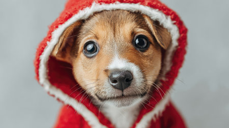 A charming puppy in a vibrant red hoodie captivates with its big eyes and sweet expression, making for an endearing portrait that radiates warmth and joy.の素材