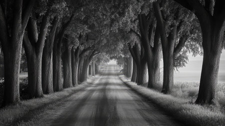 A tranquil black and white image of a quiet country road flanked by tall trees, evoking peace and beauty in a serene natural rural environment.の素材
