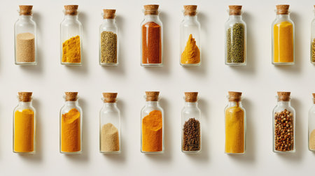 Aesthetic display of multiple spices in clear glass bottles featuring cork stoppers, perfect for adding flavor and color to cooking or enhancing kitchen decor.の素材