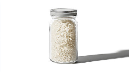A clear glass jar filled with raw white rice highlights natural simplicity and rustic charm, making it ideal for culinary imagery and kitchen decor themes.の素材