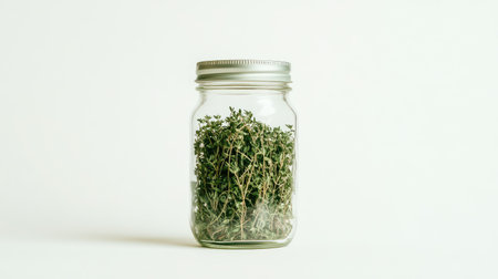 A glass jar filled with fresh thyme herb, highlighting its vibrant green color. Ideal for culinary creations, home cooking, and natural decorations in kitchens.の素材