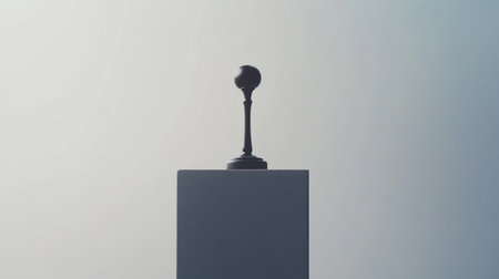This minimalistic sculpture features a sleek black form atop a white pedestal, set against a soft blurred background that emphasizes its elegant design and contemporary aesthetic.の素材