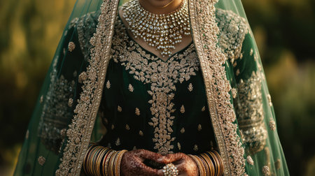 A breathtaking portrayal of a bride in traditional clothing, showcasing stunning embroidery and jewelry, amidst a serene natural backdrop, perfect for celebrating cultural heritage.の素材