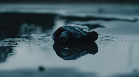 A close-up photograph of a discarded plastic bag floating in a puddle, capturing a melancholic scene that raises awareness about environmental pollution and litter issues.の素材