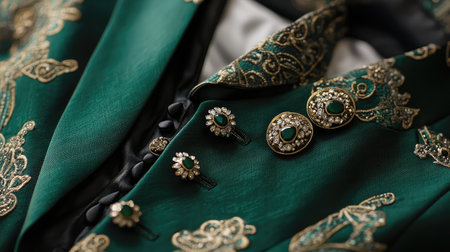 Close-up image of a luxurious green suit adorned with intricate golden embroidery and elegant gemstone buttons, perfect for fashion and design inspiration.の素材