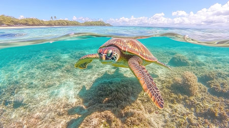 A stunning sea turtle glides gracefully above a vibrant coral reef in a tropical ocean, showcasing the breathtaking beauty of marine ecosystems and underwater adventures.の素材