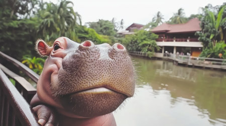 A charming close-up of a young hippopotamus peering over a river, surrounded by greenery, showcasing its playful nature and unique features in an inviting zoo setting.の素材