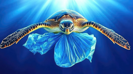 An impressive sea turtle swims gracefully through vibrant blue waters, unwittingly caught in a plastic bag, depicting the urgent need to address underwater pollution and its impacts.の素材