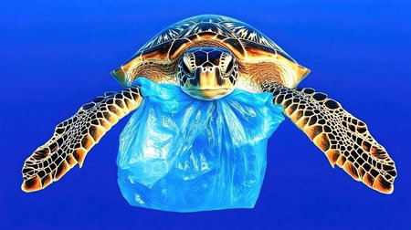 A striking image of a sea turtle caught in a plastic bag, highlighting the urgent issue of plastic pollution in our oceans and the need for effective conservation efforts.の素材