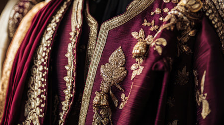 Stunning maroon fabric featuring exquisite gold embroidery, highlighting traditional craftsmanship ideal for cultural events or fashion-related shoots. Perfect for luxury-themed projects.の素材