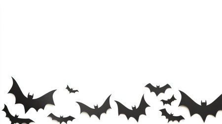 A collection of black paper bats in varied sizes flying against a pure white background, perfect for adding a spooky touch to Halloween celebrations or themed events.の素材