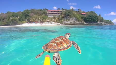 A captivating view of a turtle gliding through crystal-clear waters, with a tropical beach resort in the background, perfect for travel enthusiasts and nature lovers.の素材