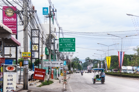 Ban Bo-Sang Chiangmai, Thailand - 7.00 am. June 01 , 2013 : street and building in area at Ban Bo-Sang and  Intersection of Bo-Sang road  ,  Chiangmai Thailand.のeditorial素材